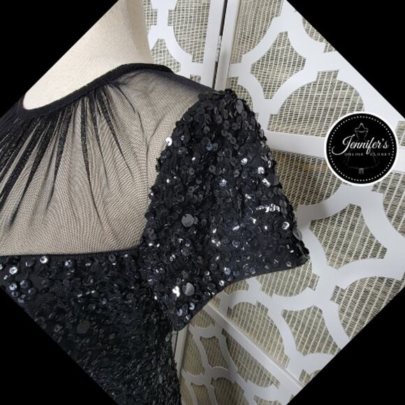 Adrianna Papell Black Sequin Embellished Mesh Neckline Sheath Dress Size 8 - Picture 7 of 12